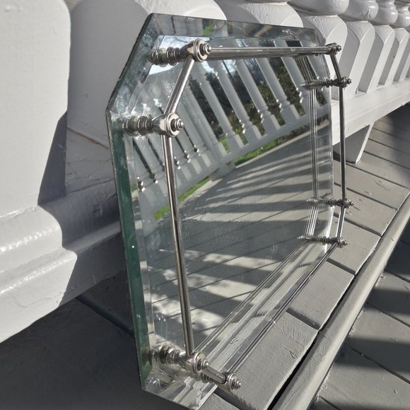 Vanity Mirror Vintage Trey Silver Handles Octagon Shape Mirrored Tray Art Deco - Picture 12 of 14